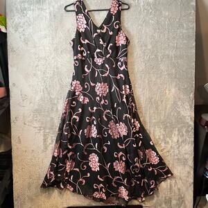 Vintage Y2K Black Pink Floral‎ Ruffle Hem Dress Cottagecore Coquette Sz 14